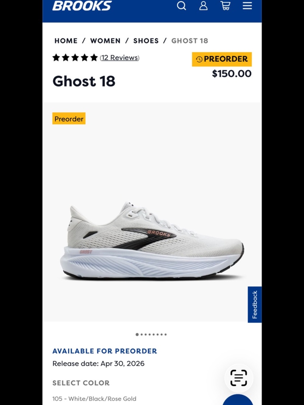 Brooks Ghost 18 Running Shoes - White with Black & Rose Gold Accents sz 10 new !